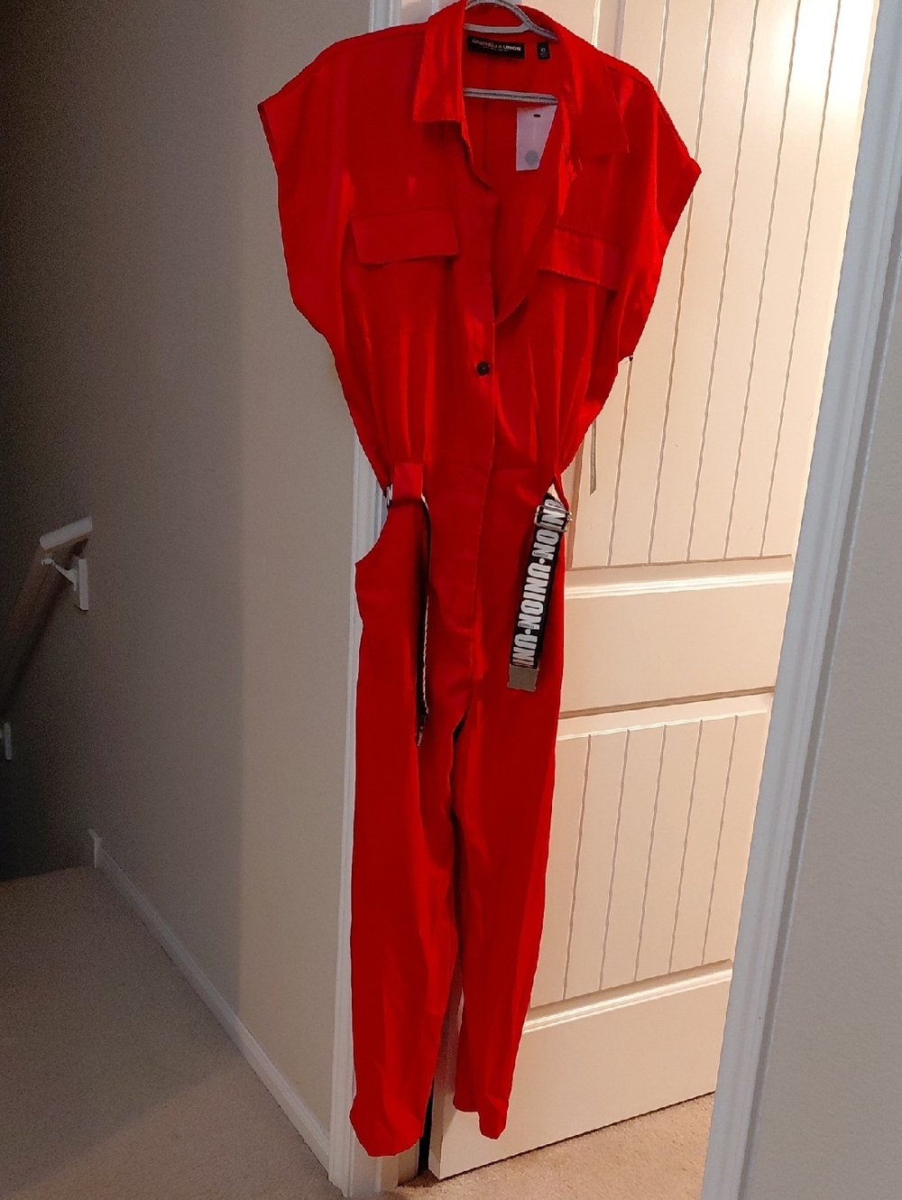 Red Utility Jumpsuit with Waist Tie